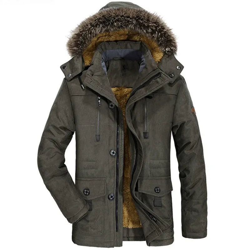 Parka Homme Coupe Regular Doublure Peluche Capuche Détachable Fourrure Synthétique Milieu Long Manteau Hivernal