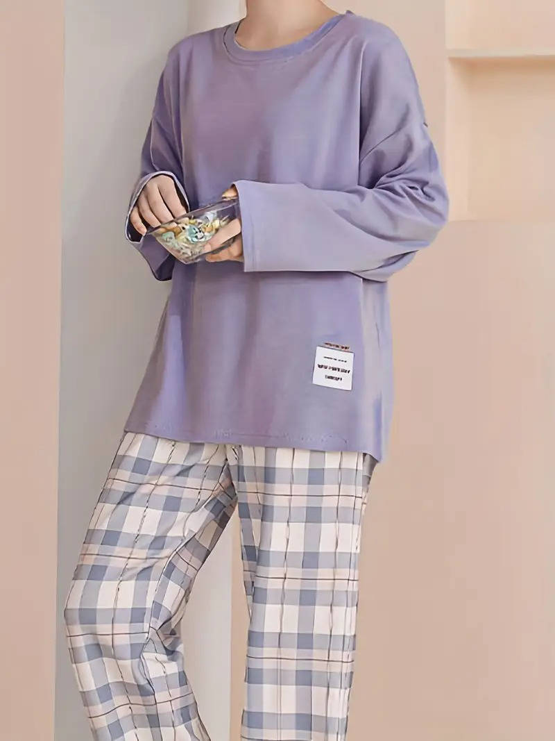 Ensemble Pyjama Femme Pantalons À Carreaux Décontracté Avec T Shirt Col Rond Confortable