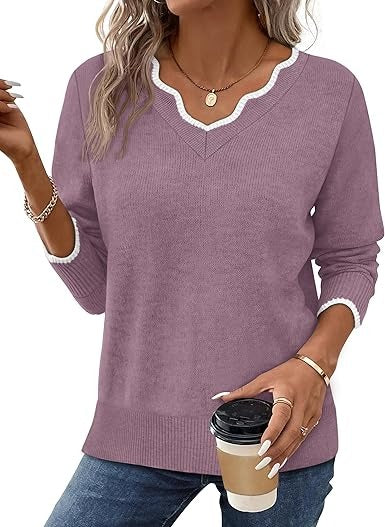 Amawinc Pull Femme Col V Automne En Maille Doux Confortable À Manches Longues Pour La Garde Robe Quotidienne