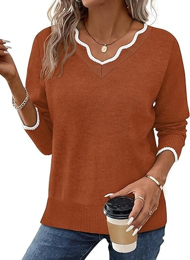 Amawinc Pull Femme Col V Automne En Maille Doux Confortable À Manches Longues Pour La Garde Robe Quotidienne