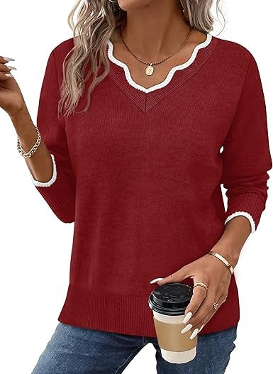 Amawinc Pull Femme Col V Automne En Maille Doux Confortable À Manches Longues Pour La Garde Robe Quotidienne