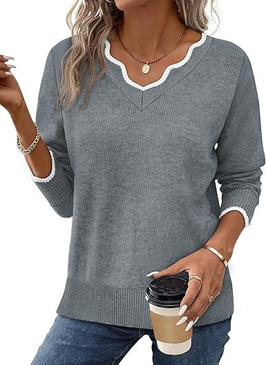 Amawinc Pull Femme Col V Automne En Maille Doux Confortable À Manches Longues Pour La Garde Robe Quotidienne