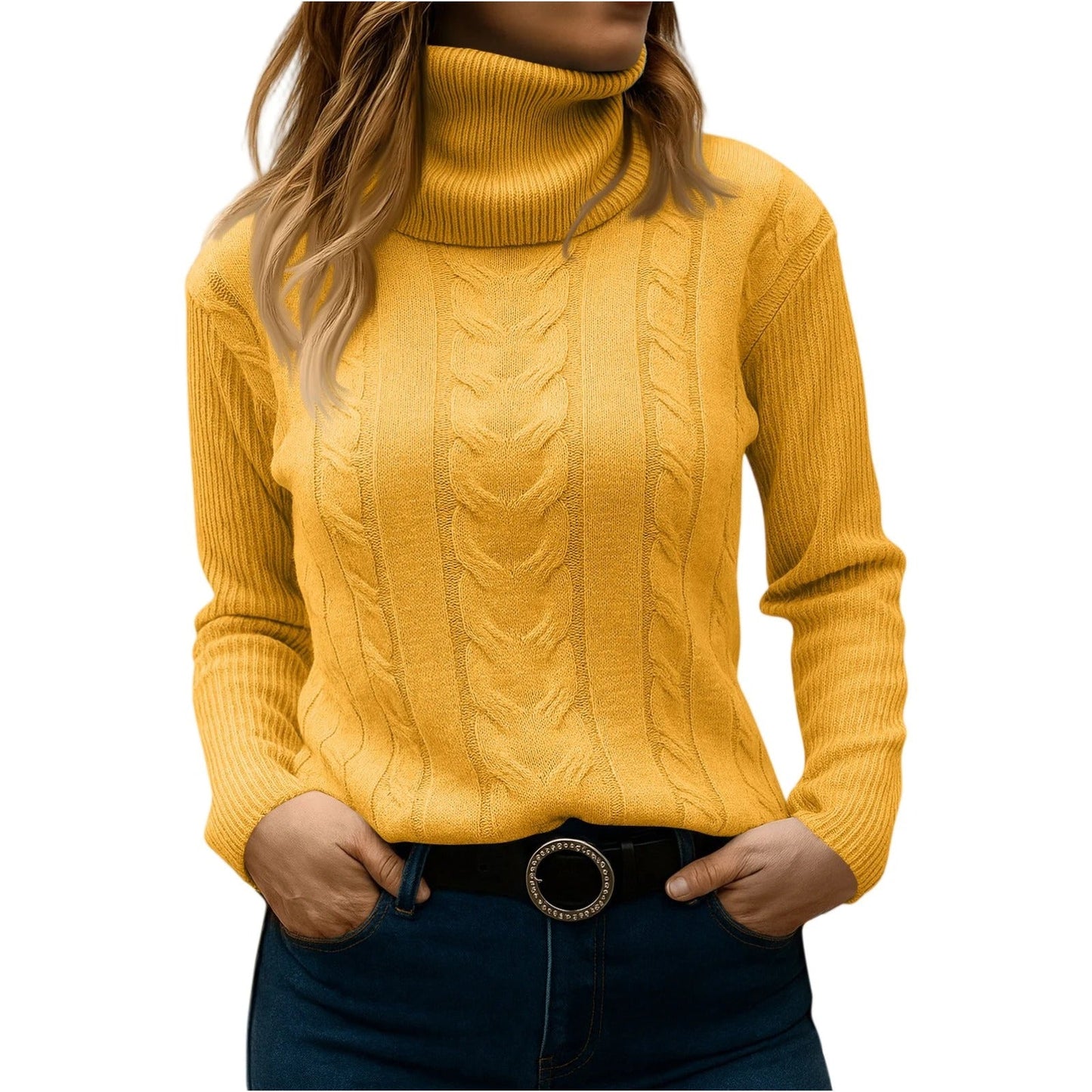Amawinc Pull Col Roulé Femme Décontracté Élégant pour le Quotidien en Maille Cable