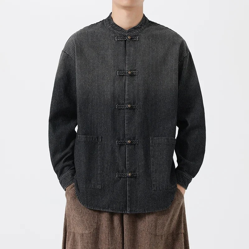 Kaze Denim Overshirt Asiatique Avec Twist Occidental Silhouette Tang Subtil Pinstripe Poches Patch Fermetures Pankou