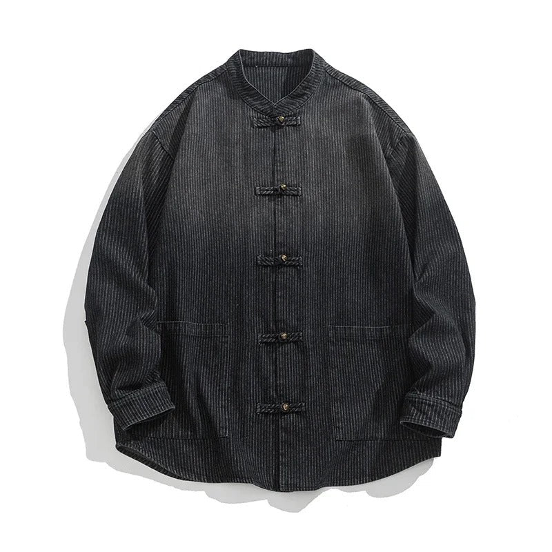 Kaze Denim Overshirt Asiatique Avec Twist Occidental Silhouette Tang Subtil Pinstripe Poches Patch Fermetures Pankou