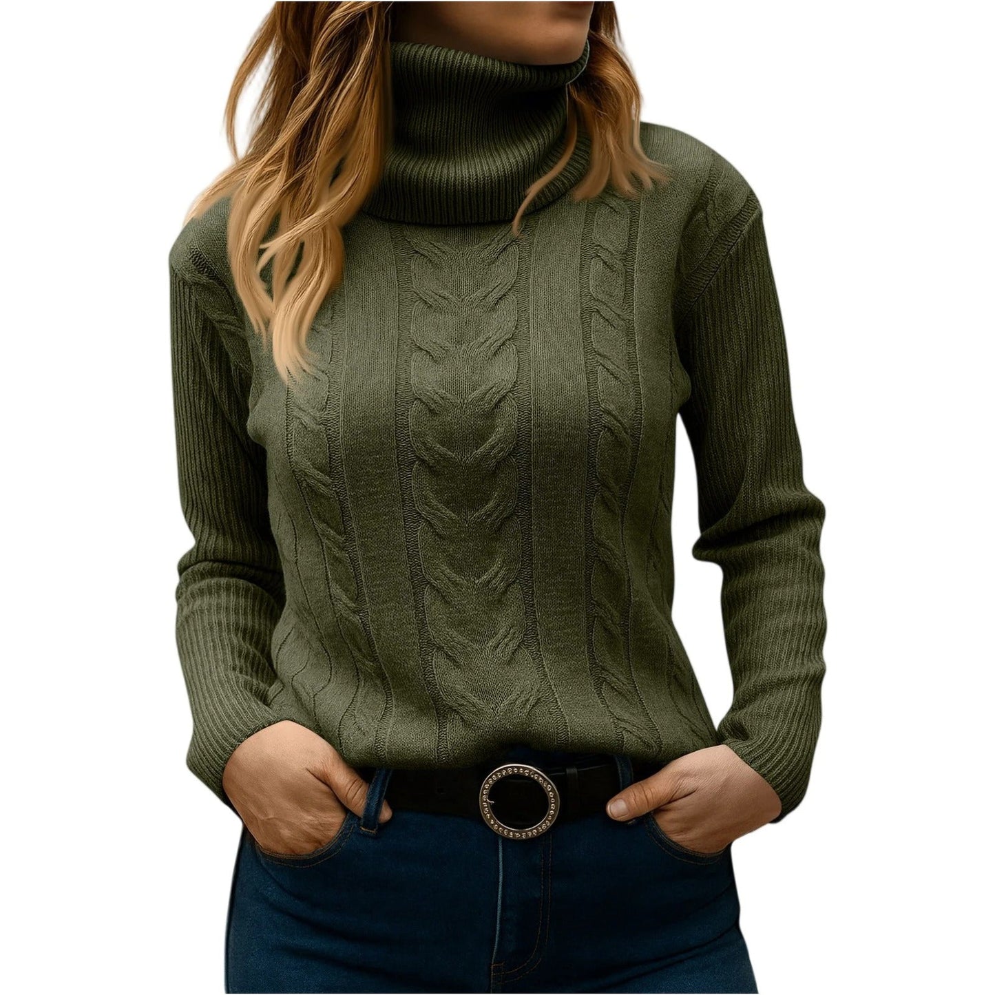 Amawinc Pull Col Roulé Femme Décontracté Élégant pour le Quotidien en Maille Cable