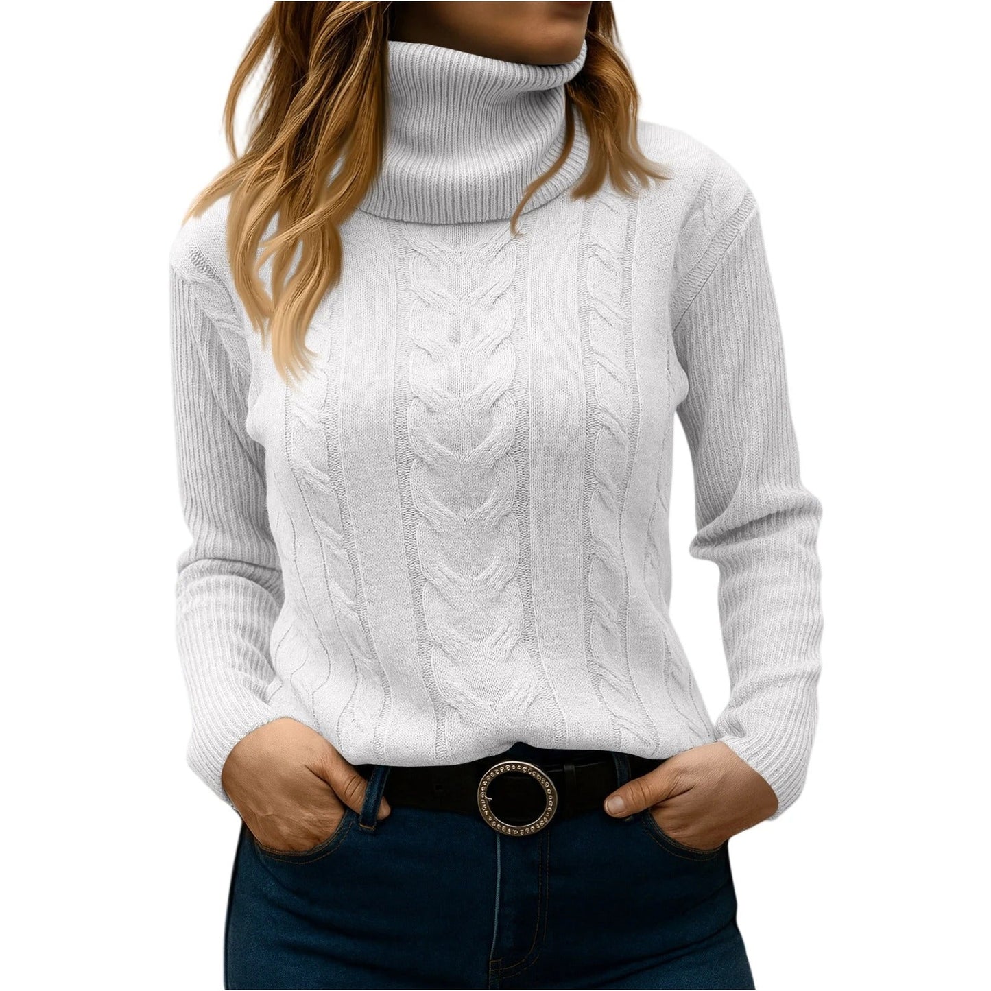 Amawinc Pull Col Roulé Femme Décontracté Élégant pour le Quotidien en Maille Cable