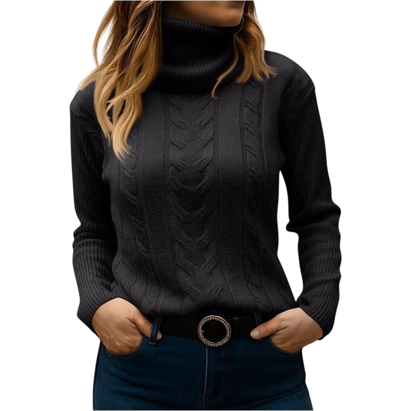 Amawinc Pull Col Roulé Femme Décontracté Élégant pour le Quotidien en Maille Cable