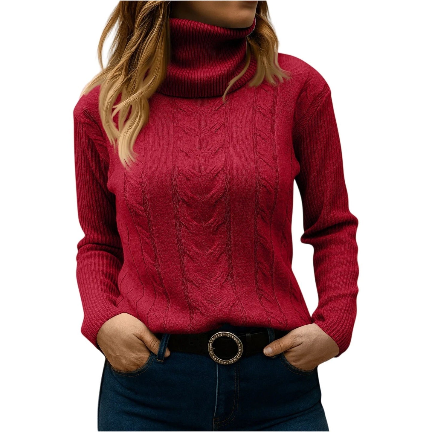 Amawinc Pull Col Roulé Femme Décontracté Élégant pour le Quotidien en Maille Cable