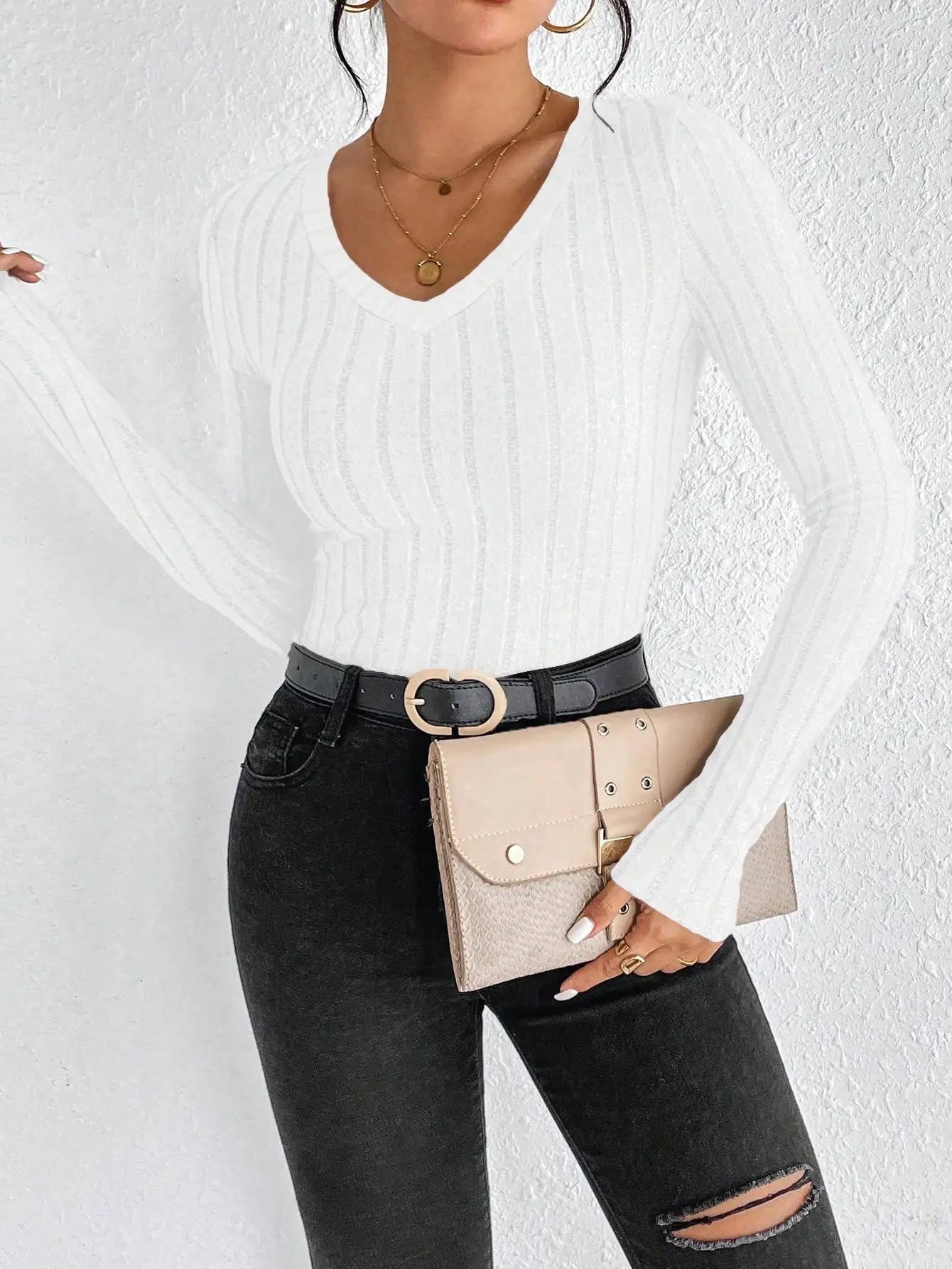 Pull Femme Encolure V Confortable Pour Décontracté Café Sorties Weekend Mode Élégante