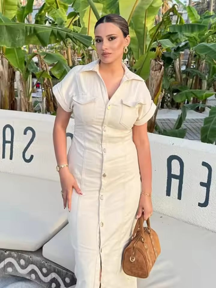 Robe Denim Cintrée Boutonnée Pour Femme Confortable Polyvalente Élégante Idéale Pour Le Quotidien Et Les Sorties