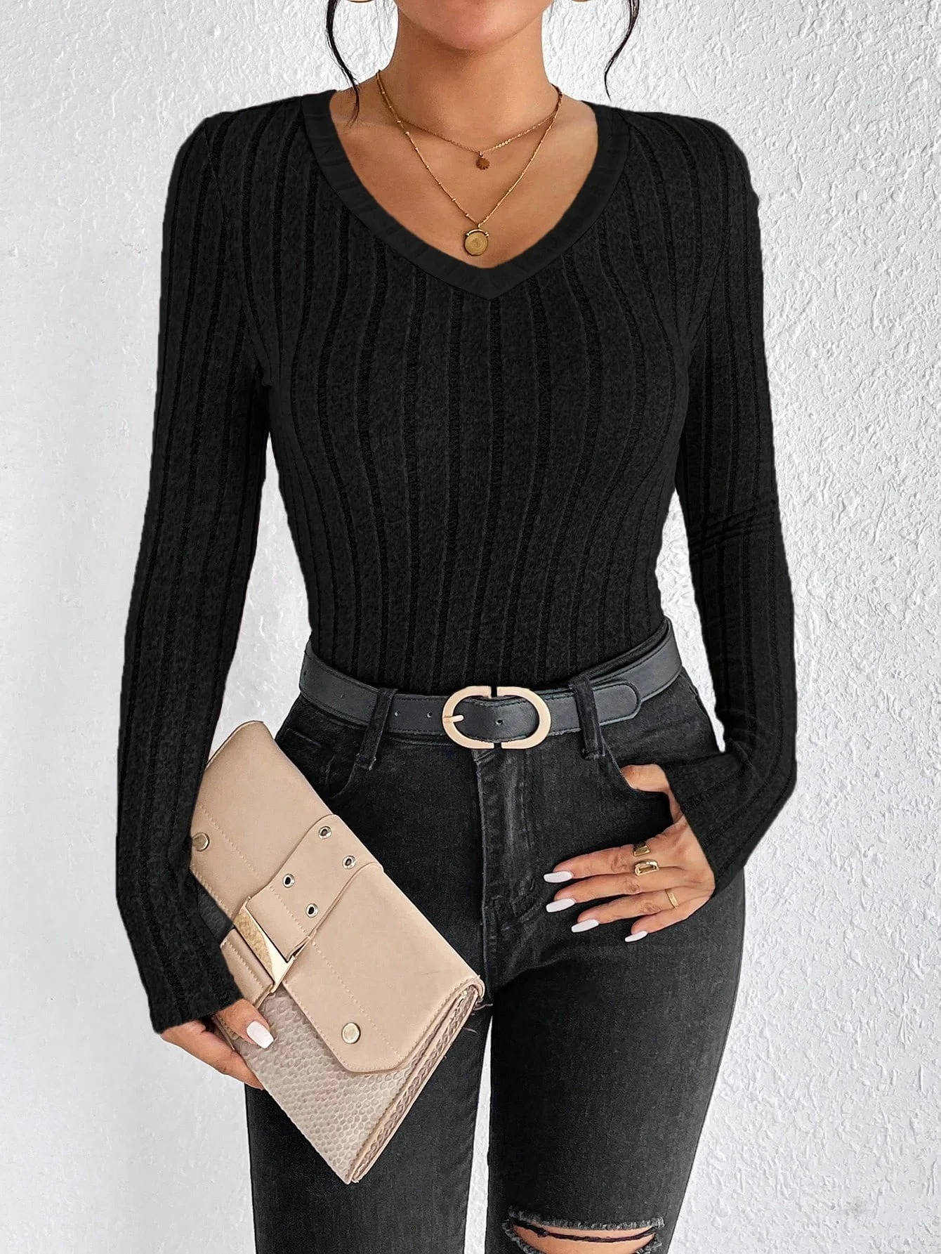 Pull Femme Encolure V Confortable Pour Décontracté Café Sorties Weekend Mode Élégante
