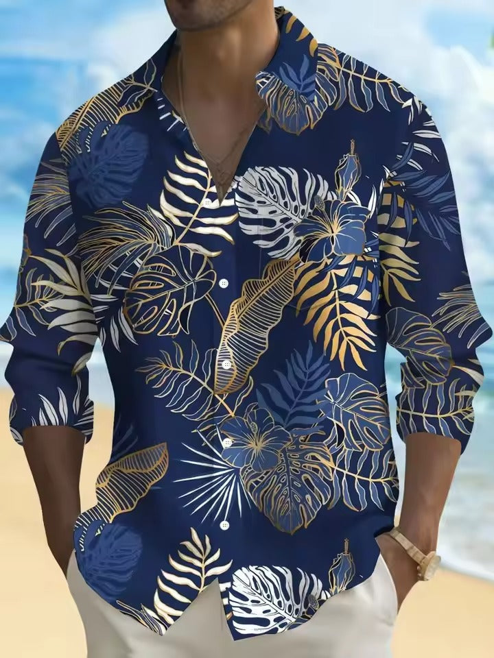 Amawinc Chemise Homme Marine À Motif Floral Avec Fleurs Blanches Boutonnage Décontracté Pour Brunch Et Rendez Vous