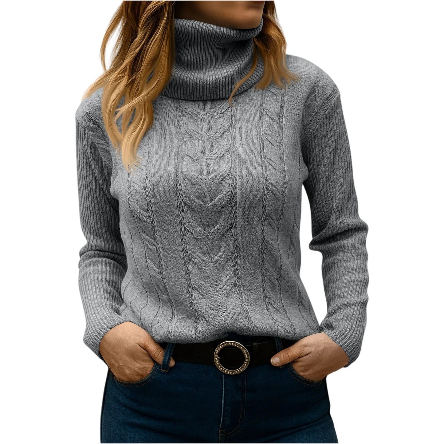 Amawinc Pull Col Roulé Femme Décontracté Élégant pour le Quotidien en Maille Cable