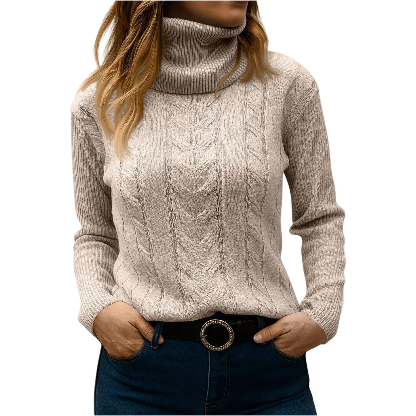 Amawinc Pull Col Roulé Femme Décontracté Élégant pour le Quotidien en Maille Cable
