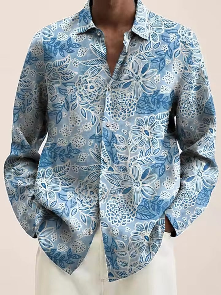 Amawinc Chemise Homme Marine À Motif Floral Avec Fleurs Blanches Boutonnage Décontracté Pour Brunch Et Rendez Vous
