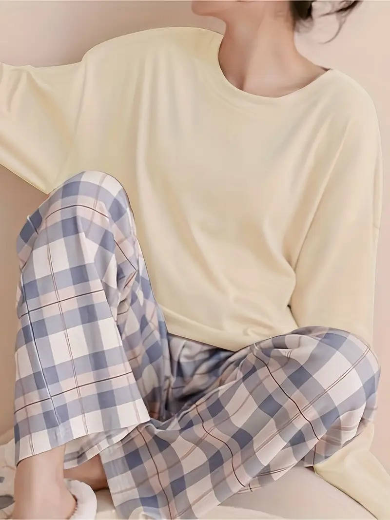 Ensemble Pyjama Femme Pantalons À Carreaux Décontracté Avec T Shirt Col Rond Confortable