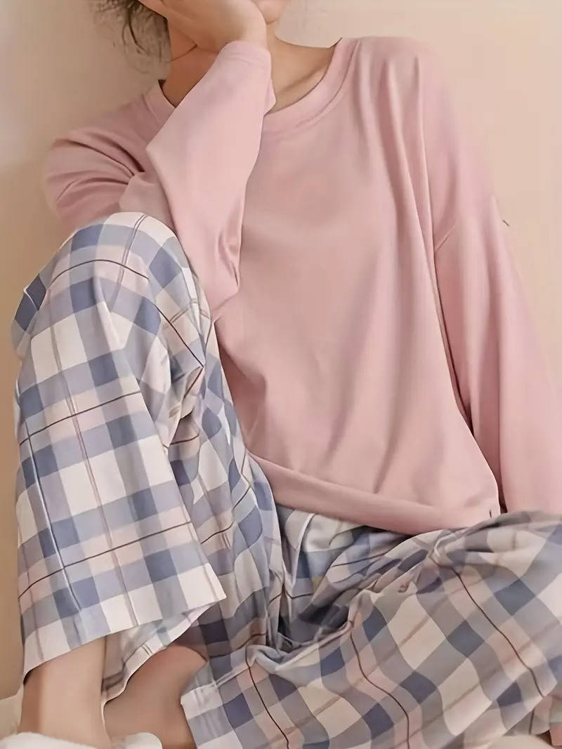 Ensemble Pyjama Femme Pantalons À Carreaux Décontracté Avec T Shirt Col Rond Confortable