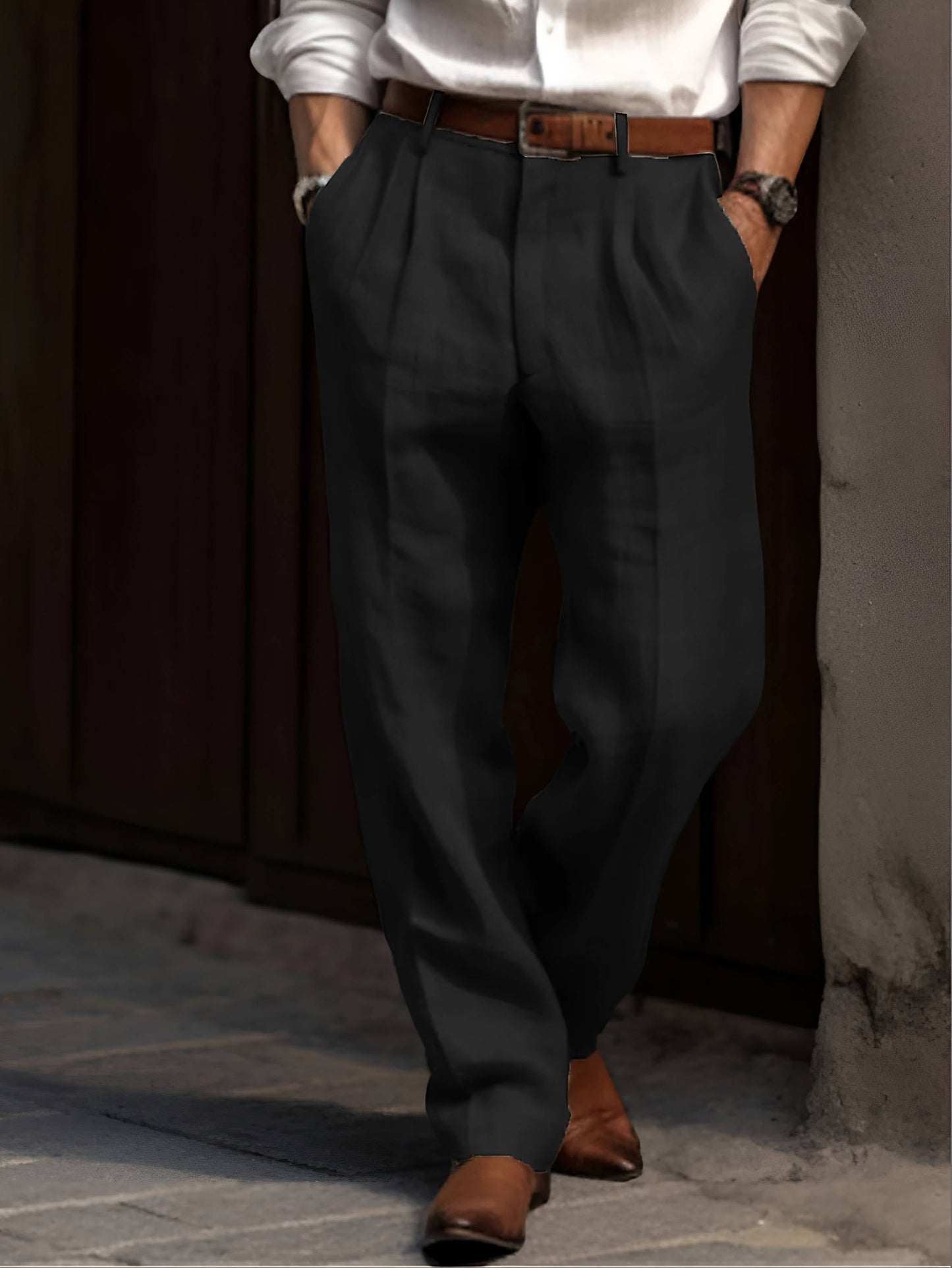 Pantalon Pour Homme En Lin À Plis Classique Respirant Léger Confort Pour Le Travail Week Ends