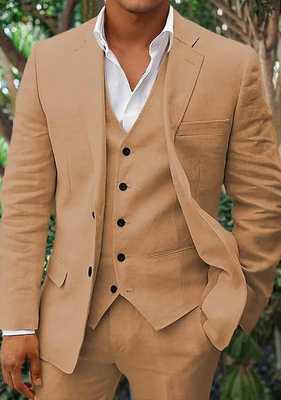 Costume Homme Lin Trois Pièces Respirant pour Mariages sur la Plage Été Léger Amawinc