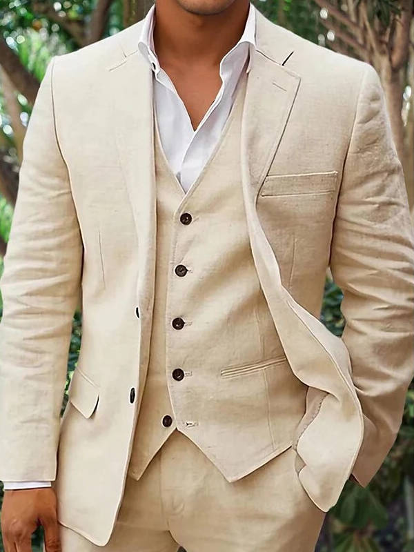 Costume Homme Lin Trois Pièces Respirant pour Mariages sur la Plage Été Léger Amawinc