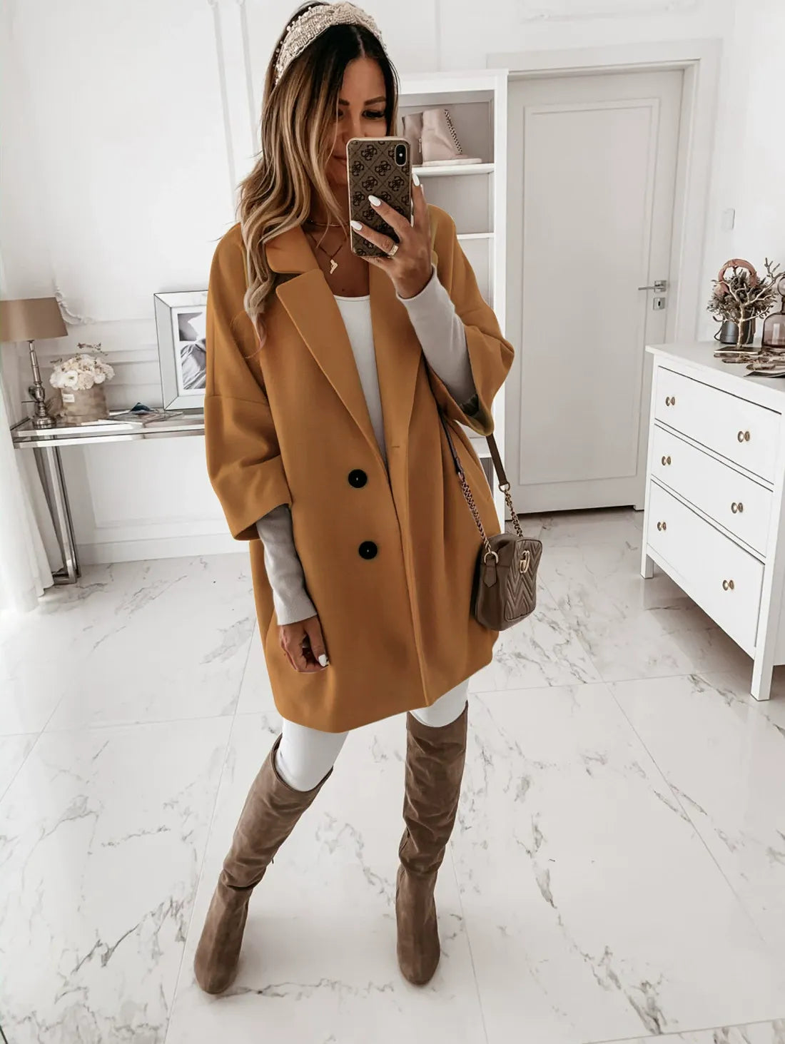Manteau En Laine Pour Femme Nordisk Flair Coupe Oversize Manches Trois Quarts Fermeture Boutons Col Revers