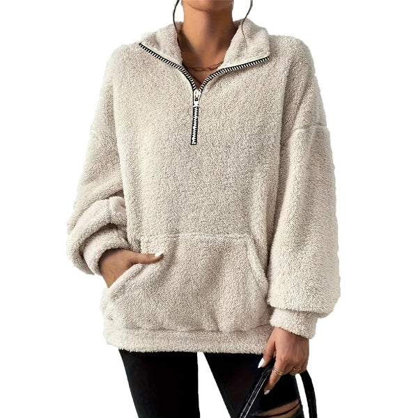 Pull Polaire Femme Oversize Avec Demi Zip Col Montant Et Poche Kangourou Confortable Et Chaud