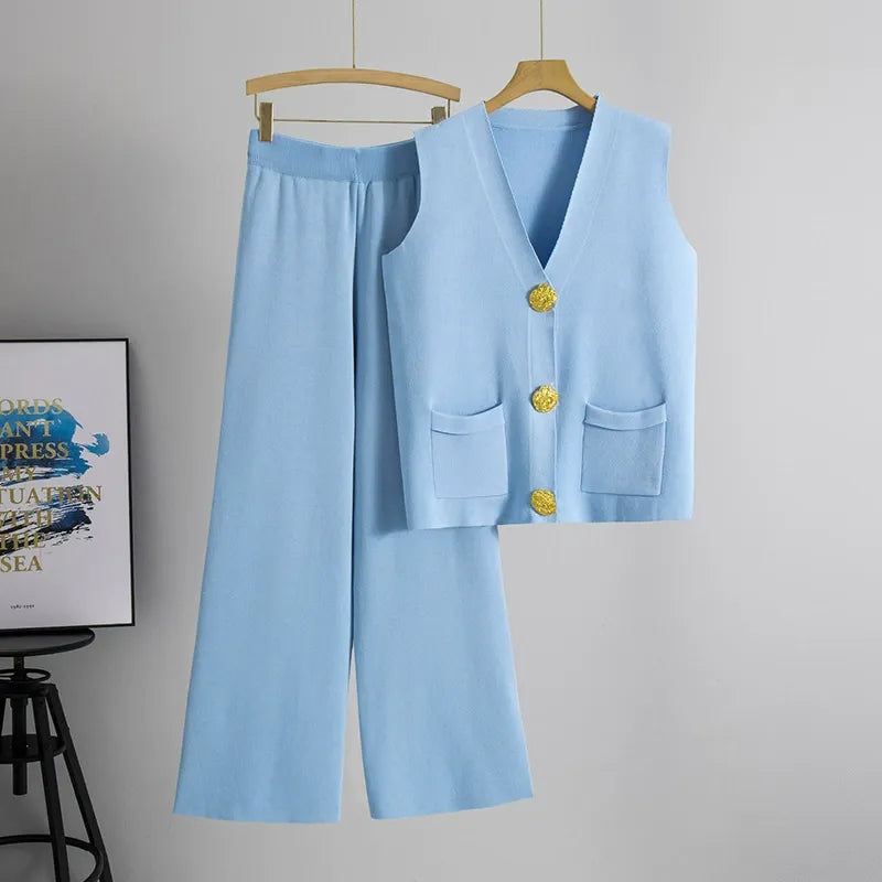 Ensemble Deux Pièces Femme En Maille Avec Gilet Boutonné Et Pantalon Large Décontracté