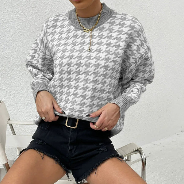 Pull Femme Coupe Décontractée Mélange De Laine Motif Pied-De-Poule Bord Côtelé Confortable Et Chaud