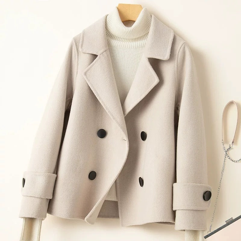 Amawinc Manteau Court Pour Femme En Mélange De Laine - Coupe Cintrée - Double Boutonnage - Revers Cranté