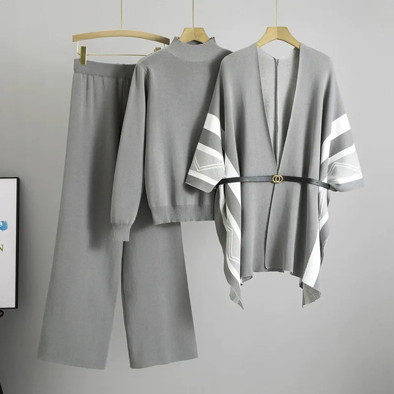 Ensemble Cardigan Trois Pièces Avec Col Châle Tricot Doux Drapé Ceinture Longueur MiCuisse Manche Rayée