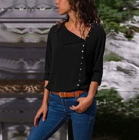 Chemise Femme Manches Longues Coupe Décontractée Devant Boutonné Asymétrique Amawinc Style Moderne
