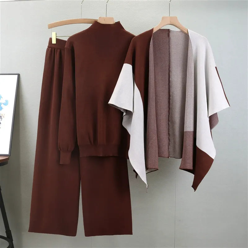 Ensemble Tricot Trois Pièces Pour Femme Pull Col Montant Pantalon Large Évasé Cape Intégrée