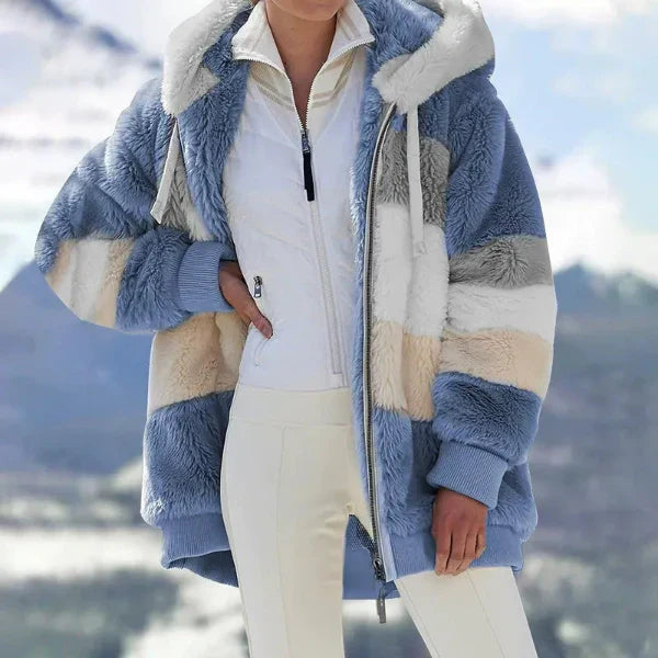 Veste à Capuche Femme Oversize Fourrure Synthétique Douce Fermeture Éclair Devant Manches Côtelées