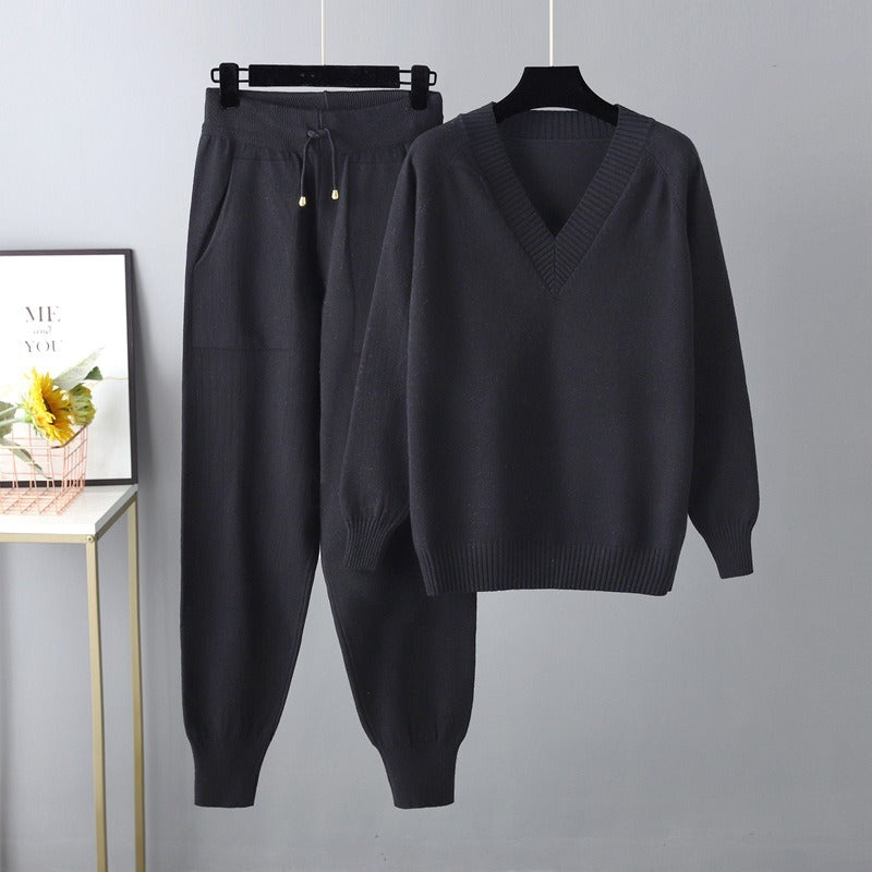 Ensemble De Détente En Maille Pour Femmes Pull Col En V Pantalons Jogger À Coupe Décontractée Bords Côtés