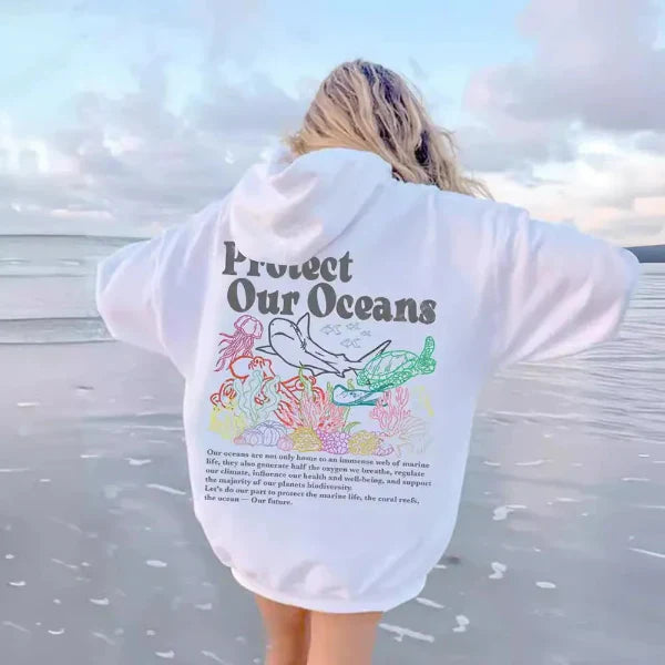Sweat À Capuche Femme Oversize Effet Coton Graphique Marin Imprimé Dos Confort Décontracté