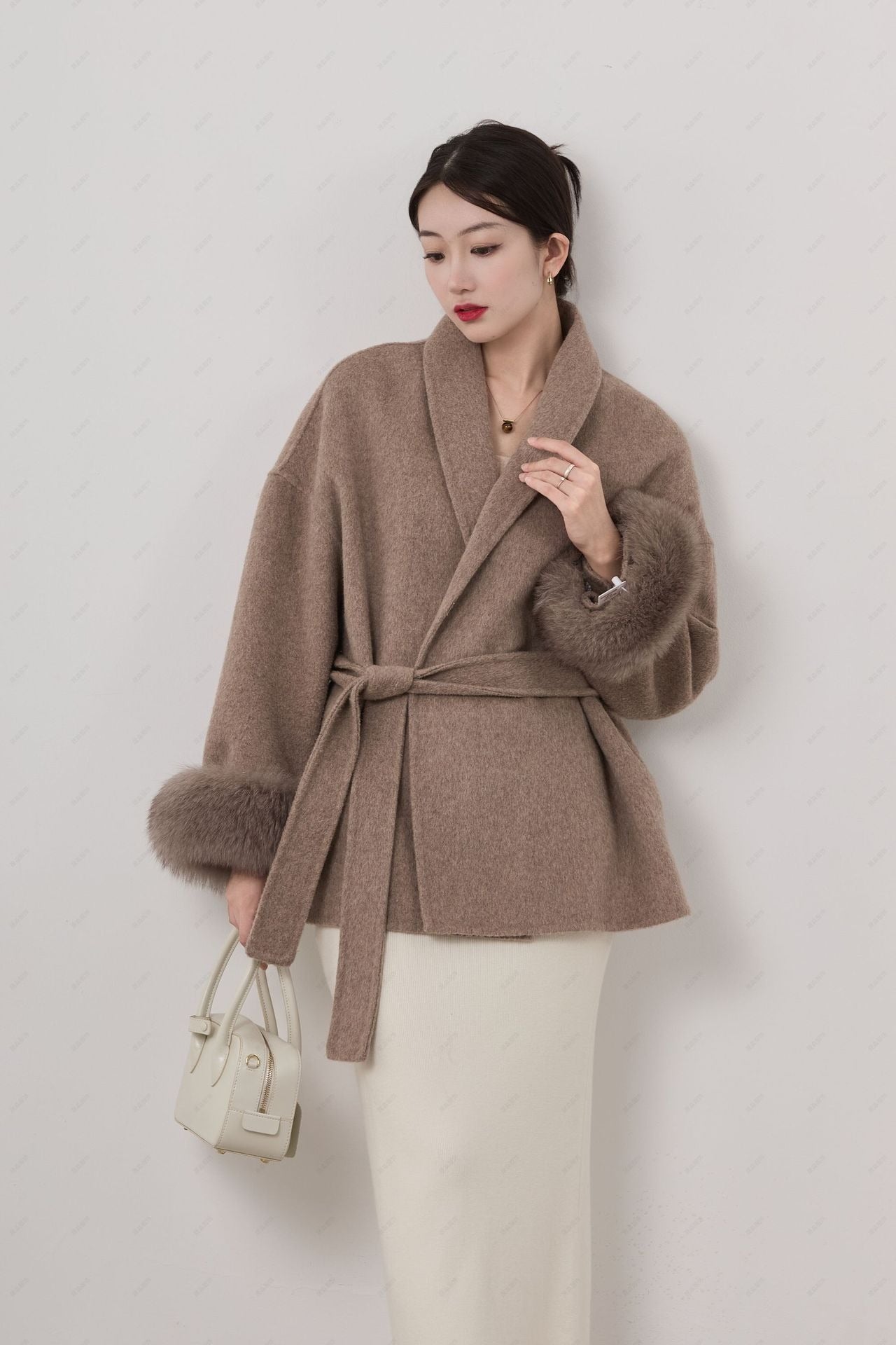 Manteau Court Femme En Mélange De Laine Col Châle Ceinturé Poignets Amovibles Modèle Amawinc Nordisk Flair