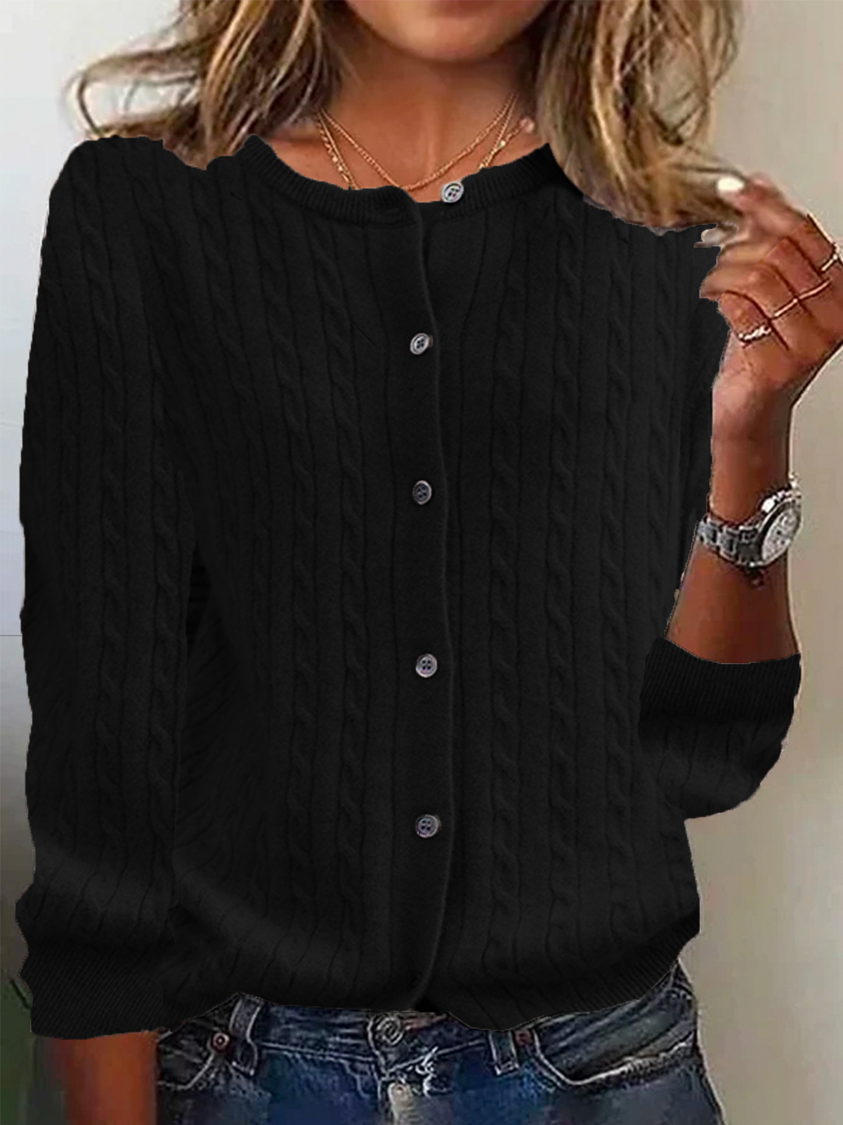 Cardigan Femmes En Laine Maille Pull Décontracté Avec Motif Cable Bouton Devant Manche Longue