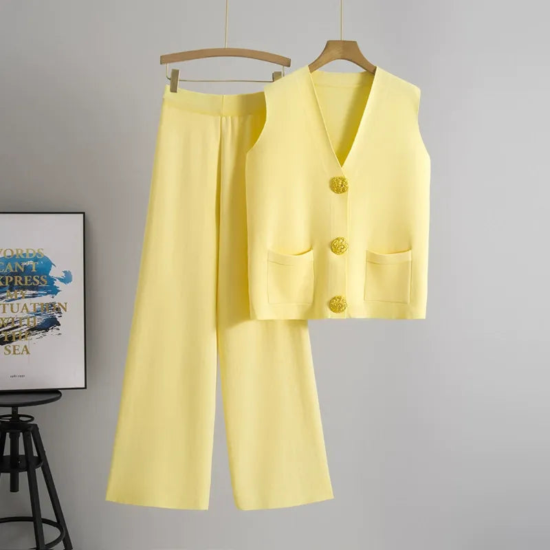 Ensemble Deux Pièces Femme En Maille Avec Gilet Boutonné Et Pantalon Large Décontracté