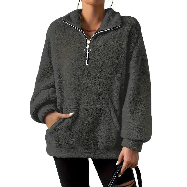 Pull Polaire Femme Oversize Avec Demi Zip Col Montant Et Poche Kangourou Confortable Et Chaud