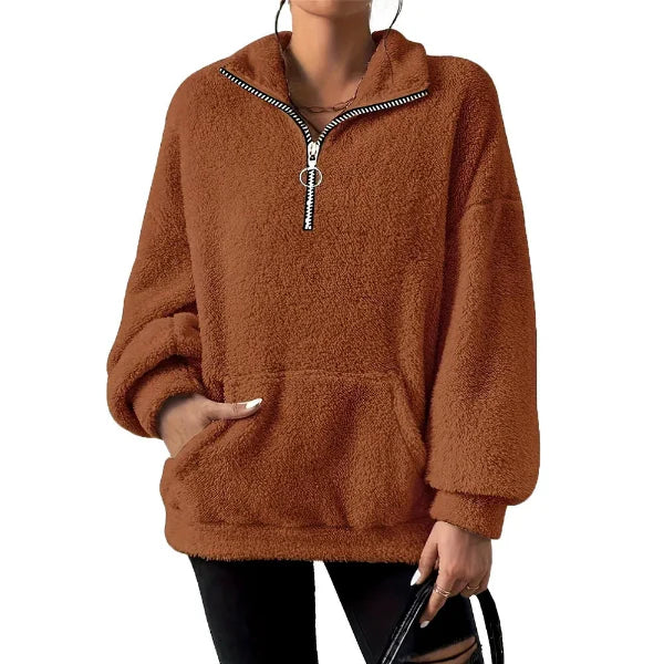 Pull Polaire Femme Oversize Avec Demi Zip Col Montant Et Poche Kangourou Confortable Et Chaud