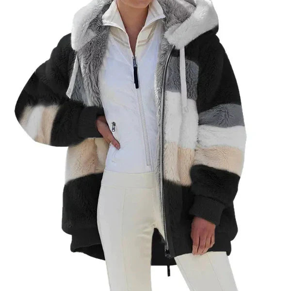 Veste à Capuche Femme Oversize Fourrure Synthétique Douce Fermeture Éclair Devant Manches Côtelées