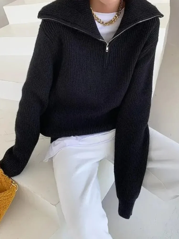 Pull Femme En Mélange De Laine Tricoté Col Zippé Haut Décontracté Bord Côtelé Pour Tenue Quotidienne Confort