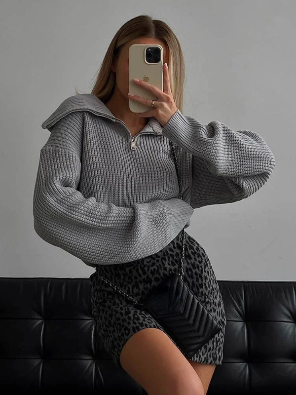 Pull Femme En Mélange De Laine Tricoté Col Zippé Haut Décontracté Bord Côtelé Pour Tenue Quotidienne Confort