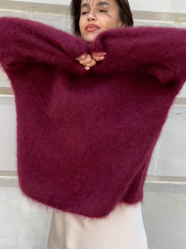 Pull Femme Oversize Col Rond Texture Pelucheuse Manche Longue Pour Automne Chaud Confortable