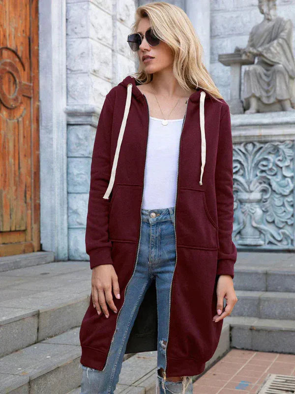 Sweatshirt Oversize Pour Femmes Avec Zip Front Capuche En Coton Longueur Longue Décontracté