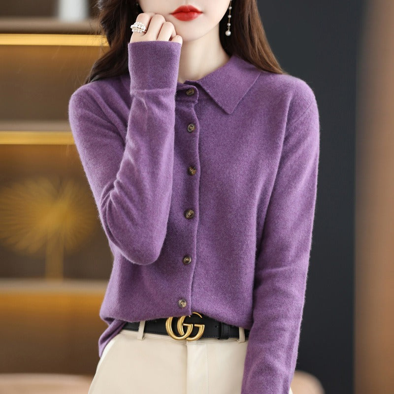 Cardigan Femme en Mélange de Laine Col Polo Boutonné Coupe Décontractée Camel Confortable