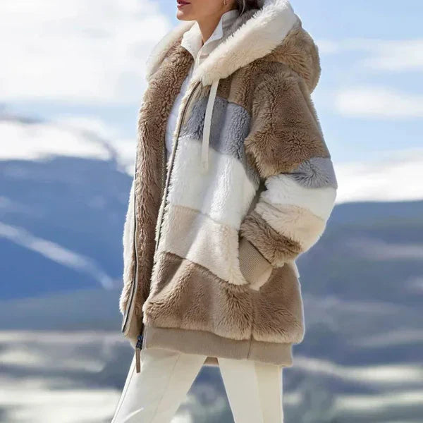 Veste à Capuche Femme Oversize Fourrure Synthétique Douce Fermeture Éclair Devant Manches Côtelées