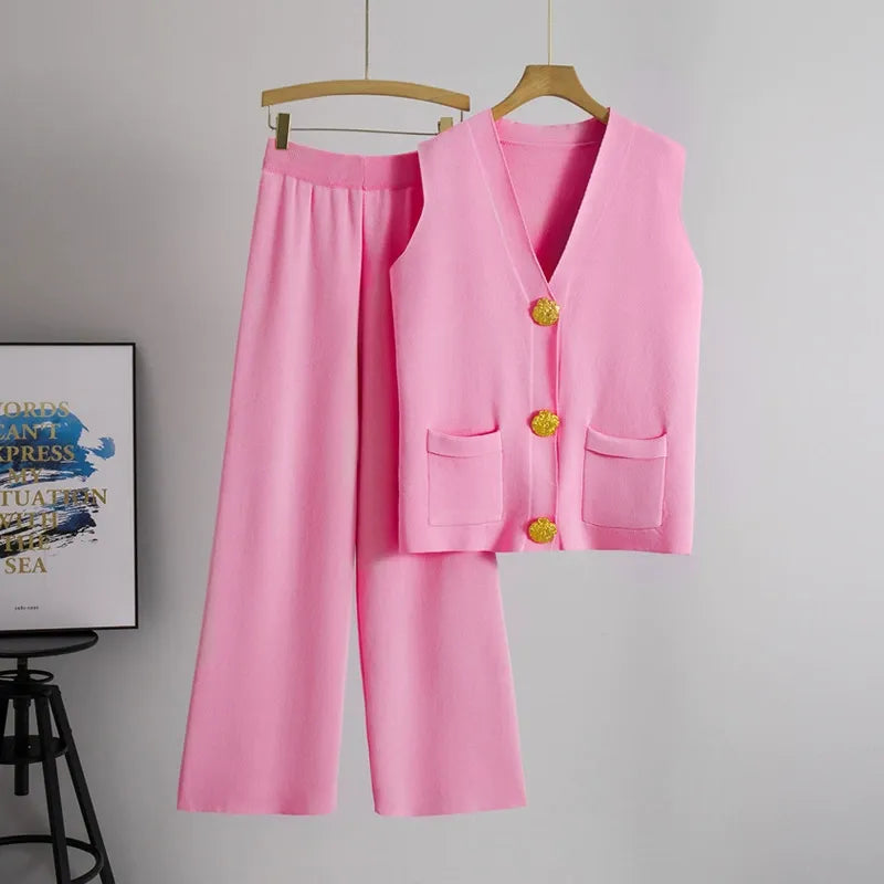 Ensemble Deux Pièces Femme En Maille Avec Gilet Boutonné Et Pantalon Large Décontracté