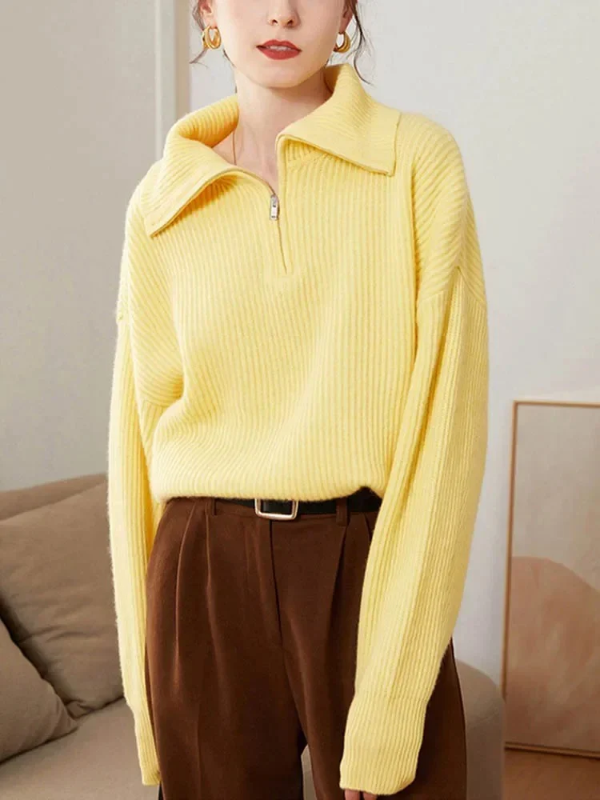 Pull Femme En Mélange De Laine Tricoté Col Zippé Haut Décontracté Bord Côtelé Pour Tenue Quotidienne Confort
